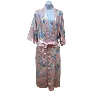 Vintage Retro Art Deco Silky Satin Pretty Pink Romantic Floral Robe Size L